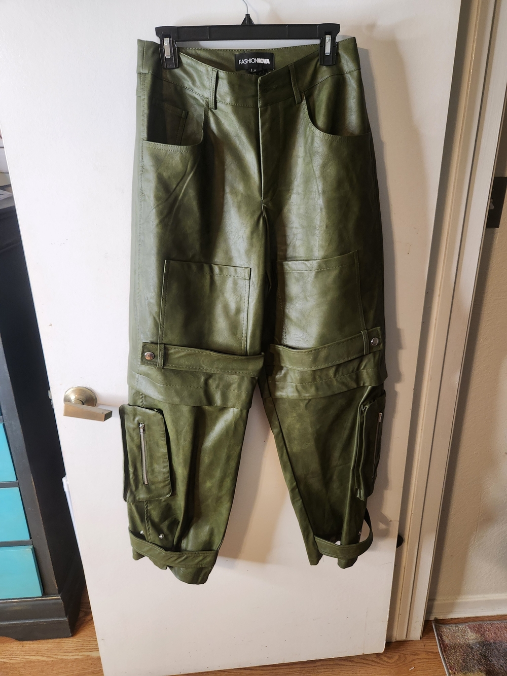 Fashion Nova Olive Faux Leather Cargo Pants with Strap & Zipper Details